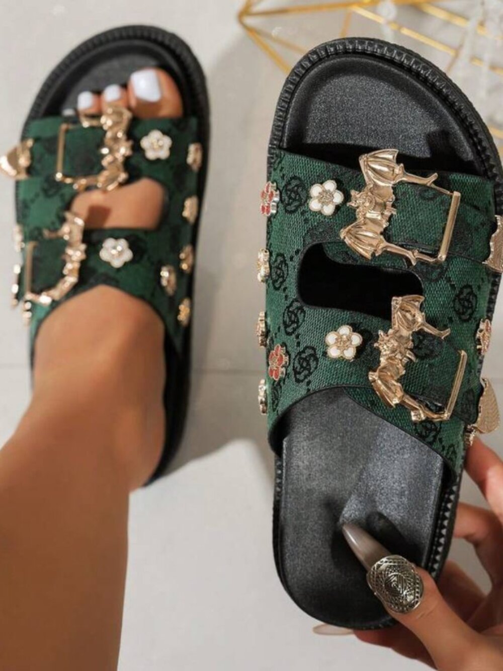Ladies Slip on Slide Sandals W/ Gold Bat Embellishments  sz 37 US 6.5-7  NEW